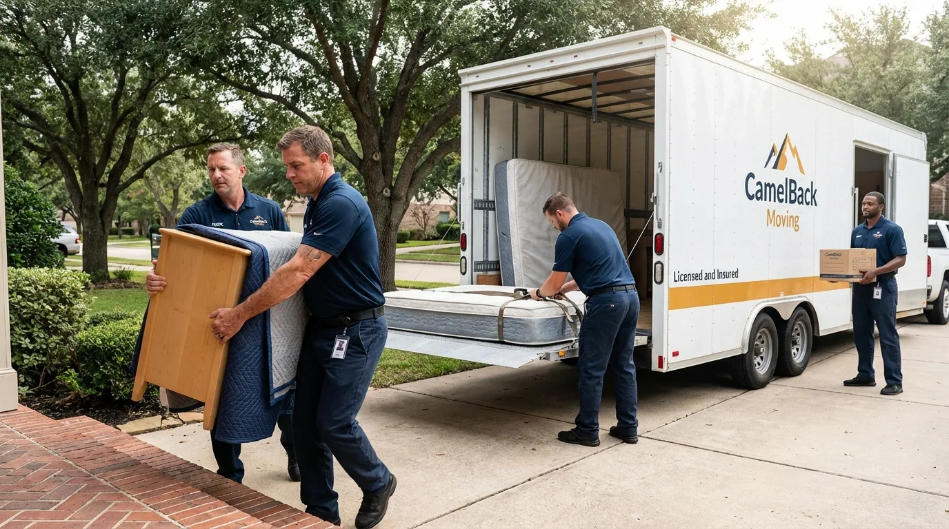 Crew loading residential truck for cross-state move from Pine Bluff, AR