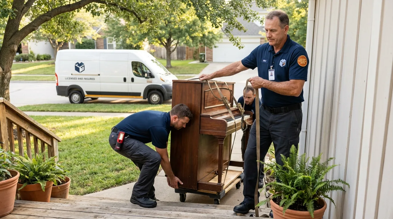 Licensed piano movers securing grand piano in Pine Bluff, AR