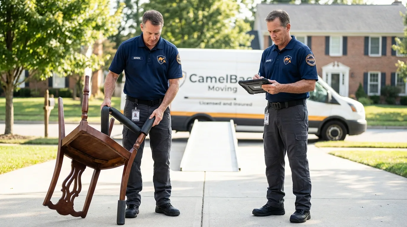 Movers inspecting furniture for damage prevention before loading in Pine Bluff, AR